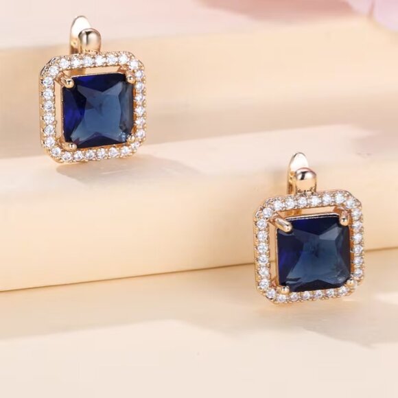 14K Gold Hanging Drop 2ct Blue Sapphire Gemstone 1ct Diamond Earrings Jewelry - Picture 5 of 6